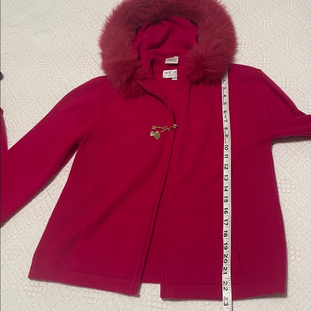 St. John Cashmere Fox Fur Trim knit sweater set cardigan & tank top mock neck - Picture 12 of 17